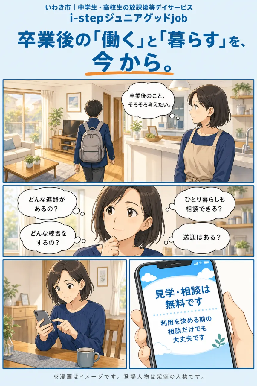 いわき市｜中学生・高校生の放課後等デイサービス i-stepジュニアグッドjob。卒業後の「働く」と「暮らす」を、今から。帰宅した中学生の後ろ姿を見ながら、母が『卒業後のこと、そろそろ考えたい。』と思う。『どんな進路があるの？』『どんな練習をするの？』『ひとり暮らしも相談できる？』『送迎はある？』。スマホの画面には『見学・相談は無料です』『利用を決める前の相談だけでも大丈夫です』。