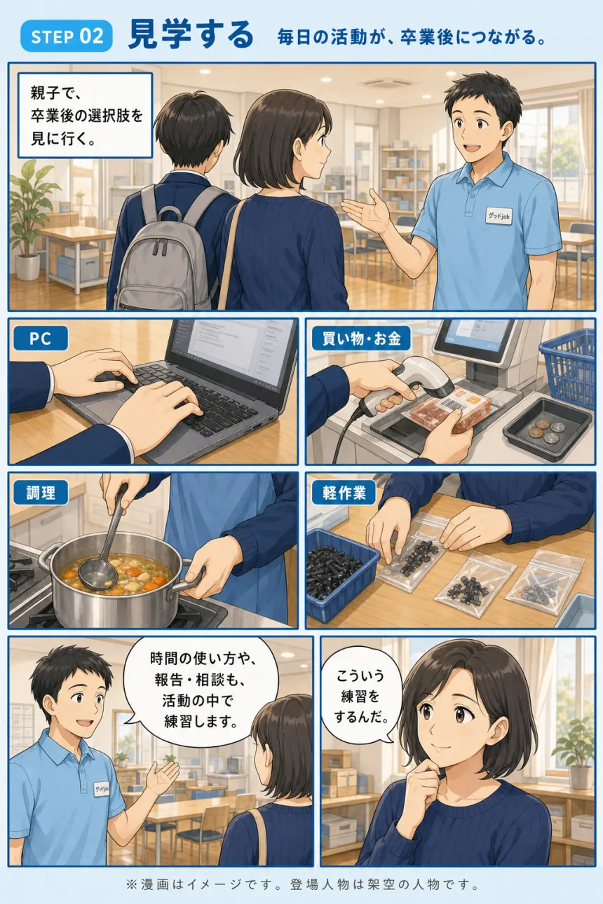 STEP 02 見学する。毎日の活動が、卒業後につながる。親子で、卒業後の選択肢を見に行く。PC、買い物・お金、調理、軽作業。スタッフ『時間の使い方や、報告・相談も、活動の中で練習します。』母『こういう練習をするんだ。』